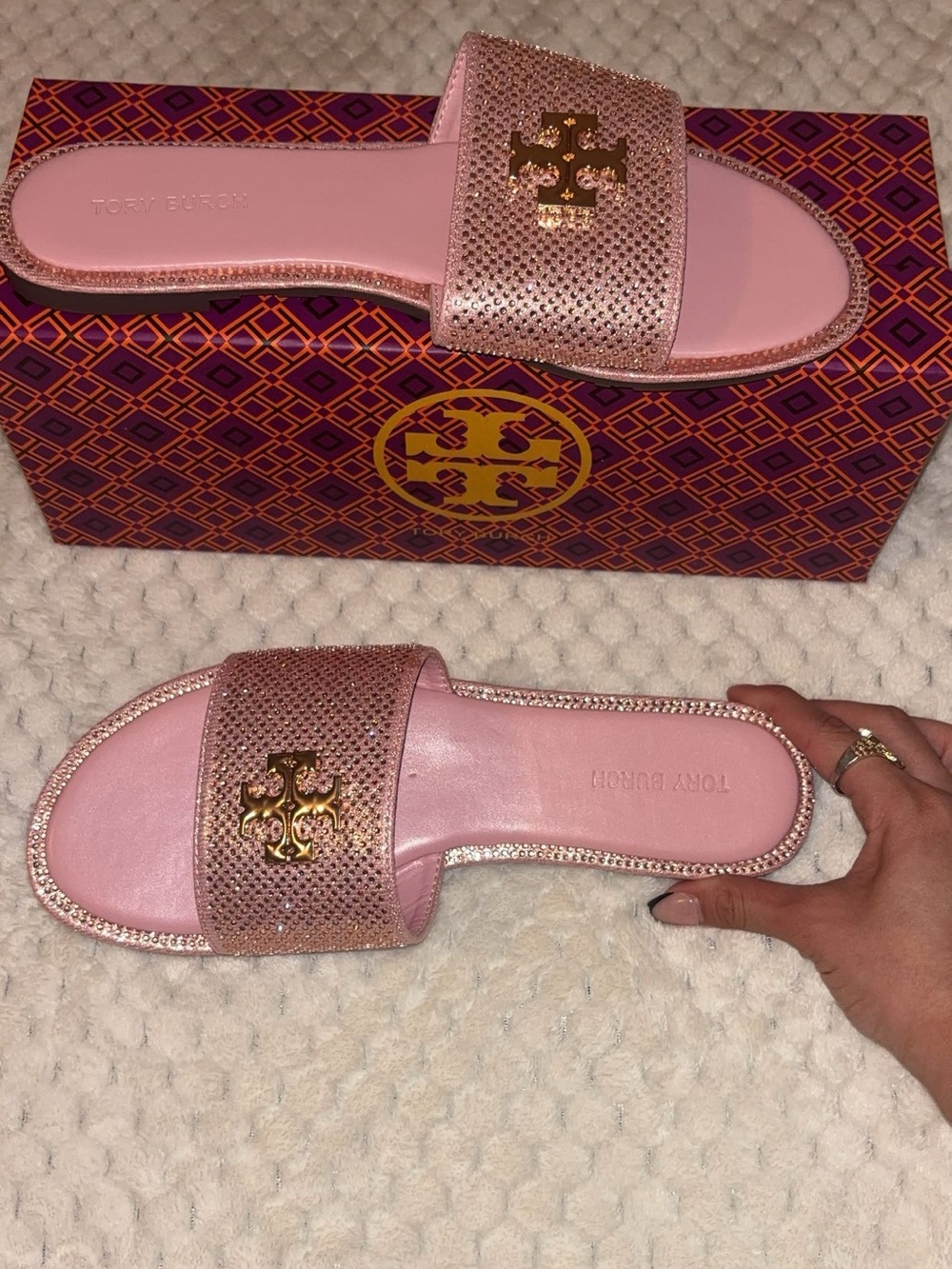 Tory Burch Pink Crystal-Embellished Slide Sandals with Gold Logo